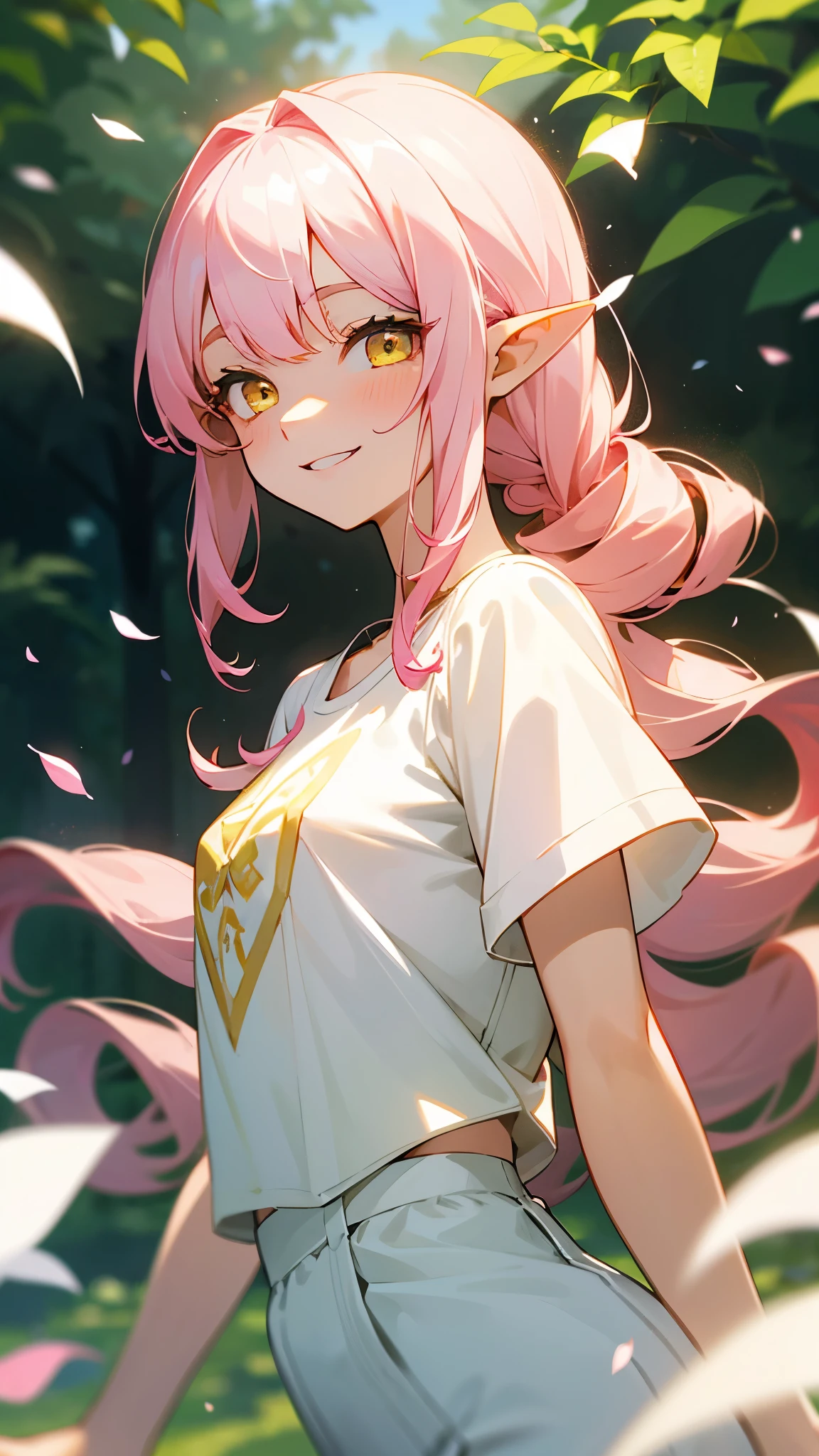 Girl、Long Hair Pink、Twin Drill, Bangs divided into left and right:1.5、Yellow Eyes、Pointy Ears、Wicked Smile、White T-shirt with ethnic pattern、White shorts、1 beautiful and delicate portrait、The background scenery is a garden where petals are scattering.、Soft lighting、Upper body close-up