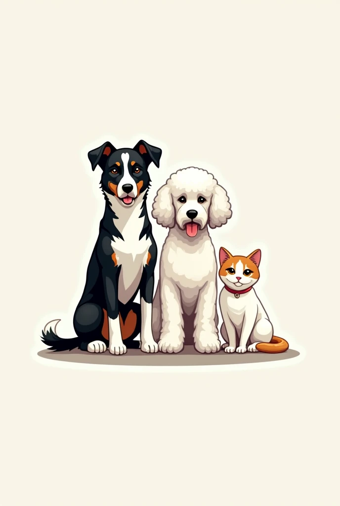 Create a logo that features a black and white border collie, a white poodle, and a cat with a white body and a light brown spot on its head., that they are next to each other and that the name brotherspets comes out
