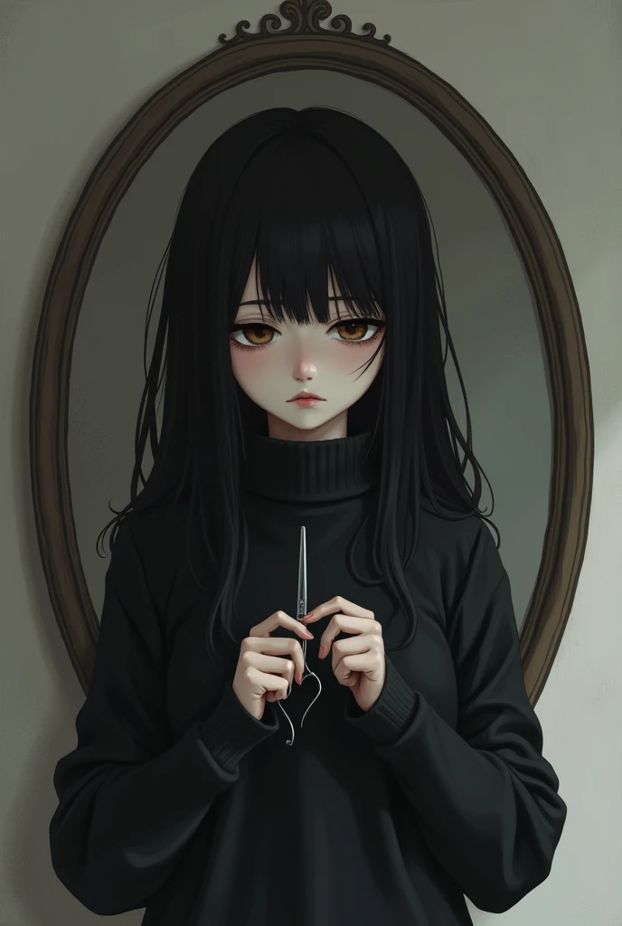 drawing, A girl with a black sweater and a sad expression in the mirror, holding scissors in her hand, cutting her hair.