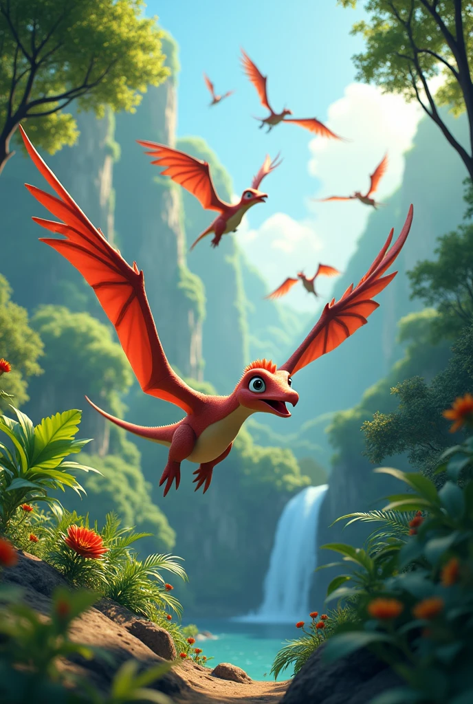 Many Pterodactyl Dinosaurs 3d cartoon type like disney pixar cartoon. fly in the forest