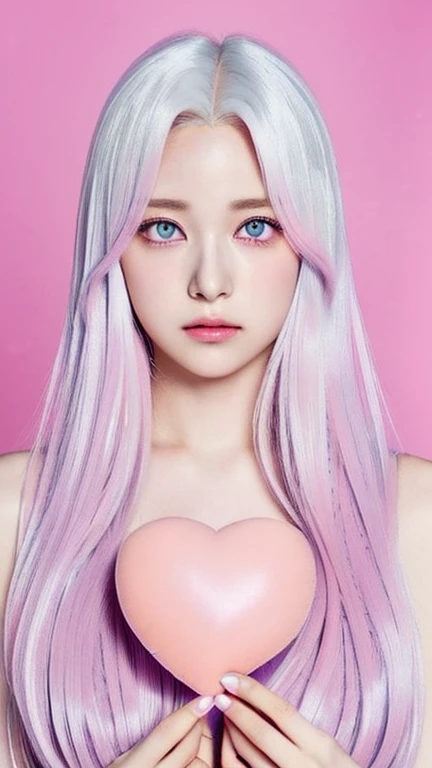 Anime girl with pink eyes and long hair holding a pink heart, visual anime of a cute girl, beautiful anime face, cute anime face, extremely cute anime girl face, Girl with white hair, cute anime face, White haired deity, ethereal anime, Perfect white hair girl, violet evergarden, closeup of a young anime girl, with huge luminous and sad eyes