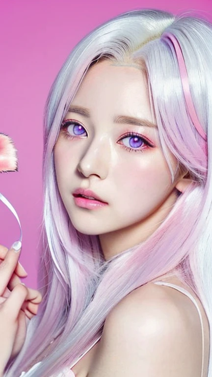 Anime girl with pink eyes and long hair holding a pink heart, visual anime of a cute girl, beautiful anime face, cute anime face, extremely cute anime girl face, Girl with white hair, cute anime face, White haired deity, ethereal anime, Perfect white hair girl, violet evergarden, closeup of a young anime girl, with huge luminous and sad eyes