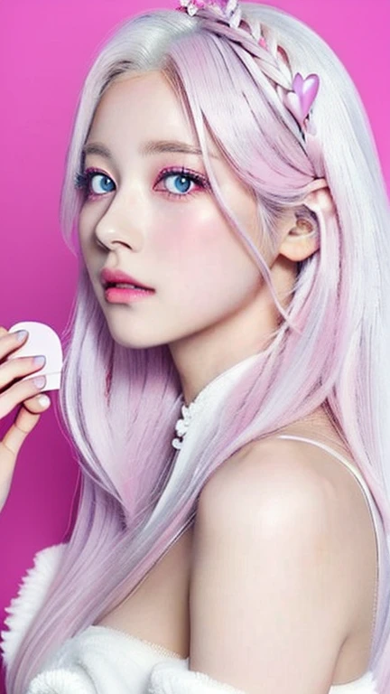 Anime girl with pink eyes and long hair holding a pink heart, visual anime of a cute girl, beautiful anime face, cute anime face, extremely cute anime girl face, Girl with white hair, cute anime face, White haired deity, ethereal anime, Perfect white hair girl, violet evergarden, closeup of a young anime girl, with huge luminous and sad eyes