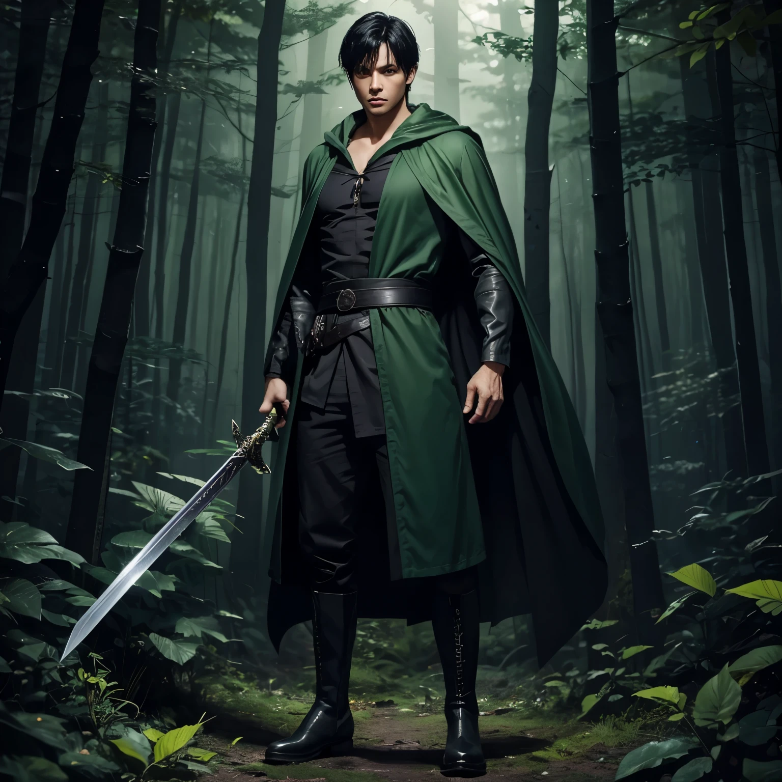 adult, male, green robes, black hair, short hair, full body, black boots, night forest background, green butterflies around, sword on hip