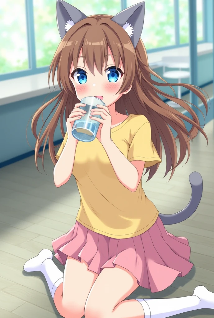 Anime girl with brown hair,gray cat ears, yellow t-shirt, pink skirt, white long socks with blue eyes drinking water in a school