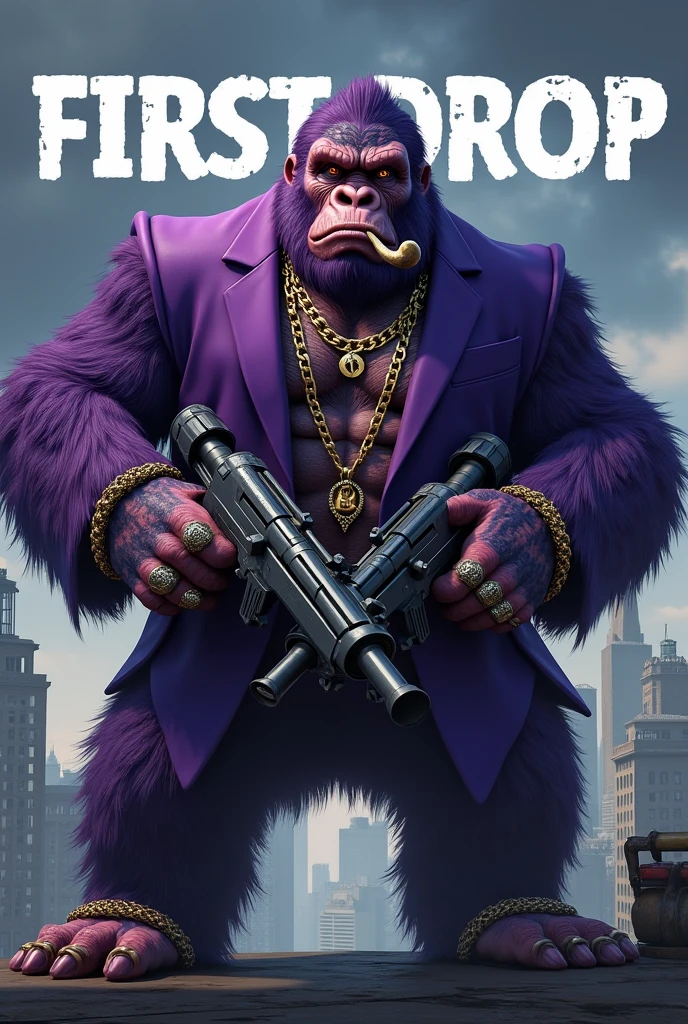 1 purple ape, on the roof of a building, With giant and high-caliber weapons, with gangster SUIT with chains, tattooed, with huge diamond and gold rings, smoking with a pipe, with the words in the sky that say "first drop"