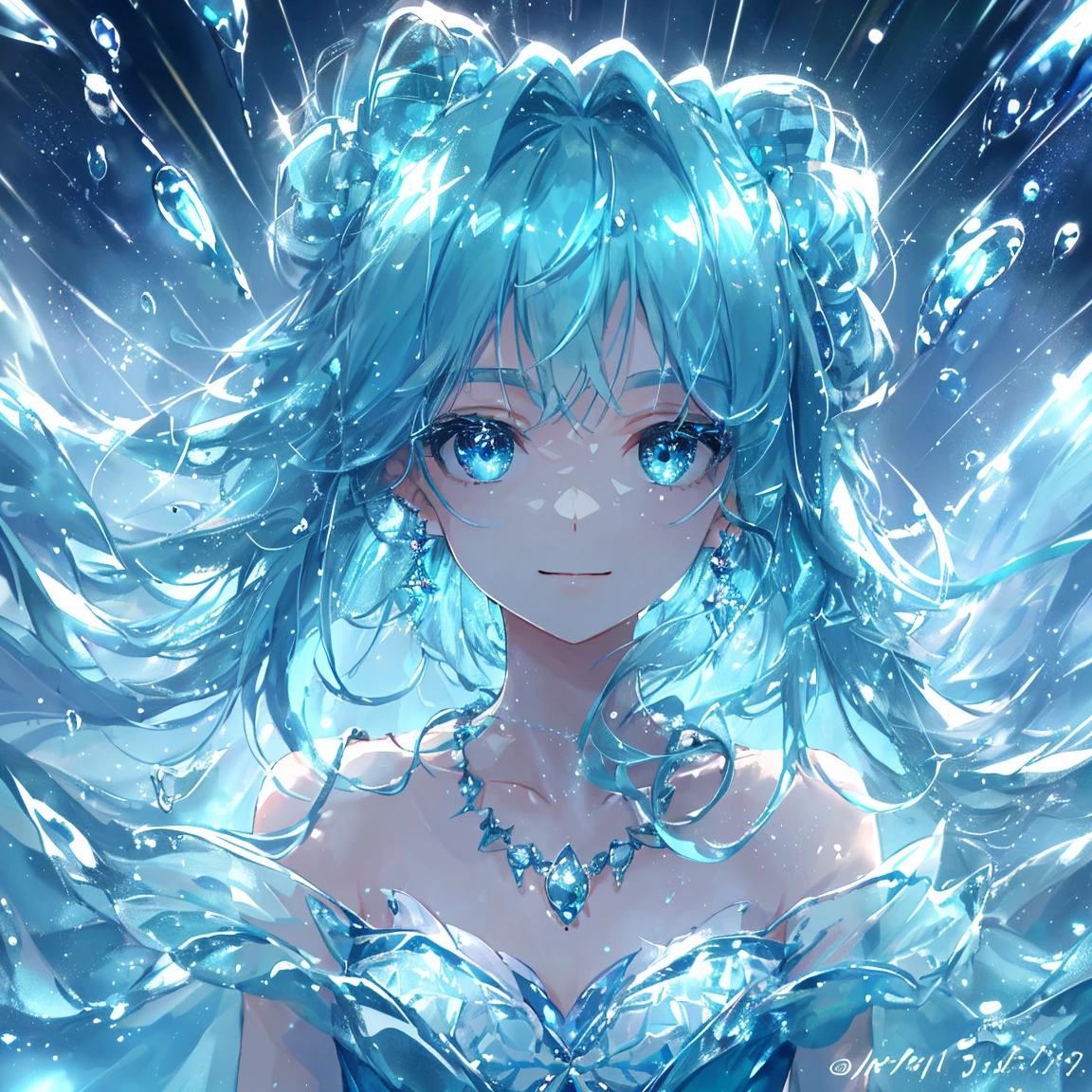 1 girl masterpiece, highest quality, shape, beautiful smile Aquamarine eyes and hair, Aquamarine earrings, Aquamarine necklace, rain, water angel, cute, (dynamic lighting:1.2), cinematic lighting, delicate features, fine eyes, sharp pupils, realistic student, written boundary depth, Bokeh, sharp focus, (very detailed, bloom, shine:1.4), lots of little gems