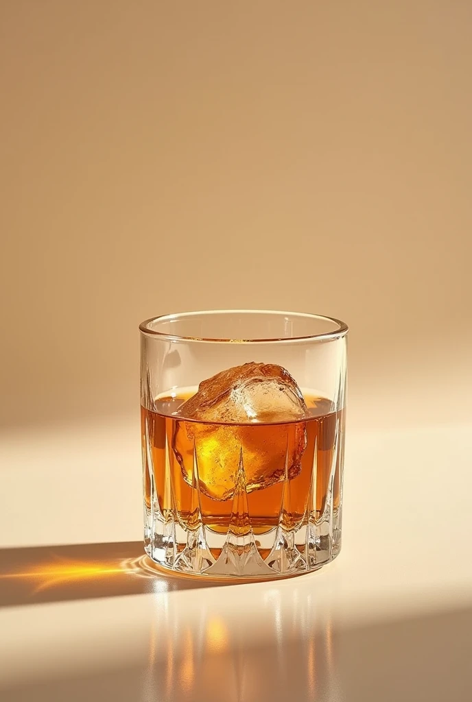 smaller short glass of wiskey with many cristal details and ice inside taking a realistic photo with beige background 