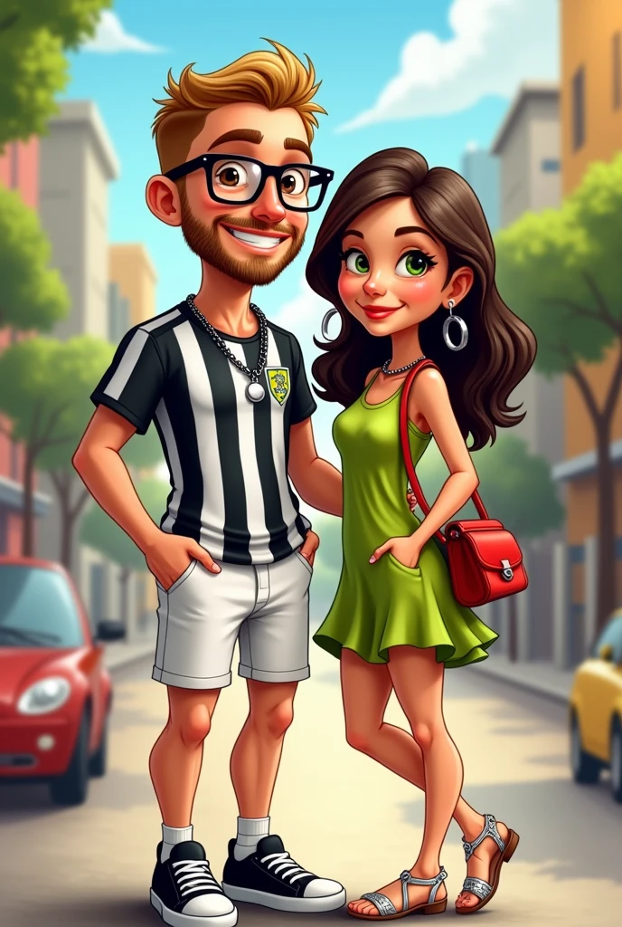A cartoon or caricature drawing of a couple. The boy has a square face and does not have a thin chin., It's blond, He has straight, short hair, shorty, without a topknot with the bangs to the side, Okay, wears a light brown beard, short and mustache, and has light brown eyes. He wears rectangular glasses with black frames and smiles. He doesn't wear earrings. He wears white denim shorts that are just below the knees., Rio de Janeiro Botafogo football team shirt which has white and black stripes and the team crest on the left chest, black low top sneakers, without stockings, and a black leather chain around his neck with a silver medallion. One of his hands is in his pocket and the other is on his girlfriend&#39;s waist.. ella, A sua volta, has slightly wavy dark brown hair almost to her waist, green eyes and thick eyebrows. Wear a lime green dress just a little above the knees, a red bag and silver sandals with criss-crossed straps in front and 4cm heels. ella está de lado, with one knee bent at 90 degrees with the foot back, resting her hands on her boyfriend&#39;s shoulder while he holds her waist.
