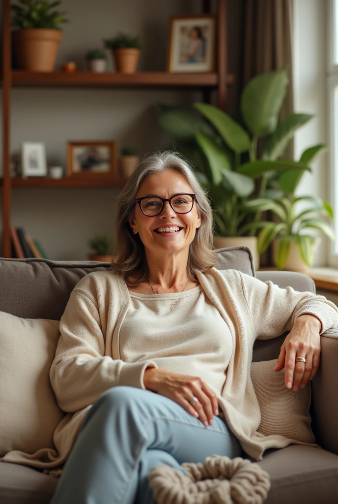 Happy woman with glasses sitting in her living room