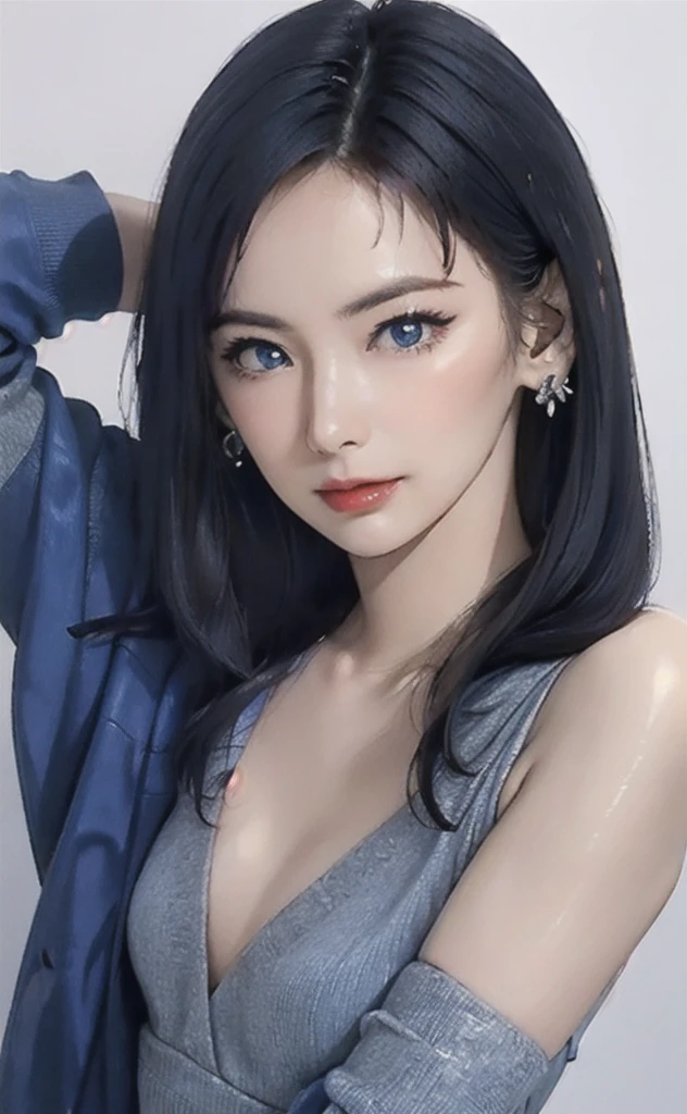 (masterpiece:1.4, Highest quality), (Intricate details), unity 8k wallpaper, Super detailed, beautifully、aesthetic, Perfect lighting, (One person), (Blue Hair, blue eye, Medium chest),, Dynamic pose, Dynamic Angle, lipstick, slim, slim body, Medium chest, , Detailed Background, Realistic, alone, Face in perfect detail, detailed eye, Very detailed, blush, hair ornaments, rolling_eye, squint,