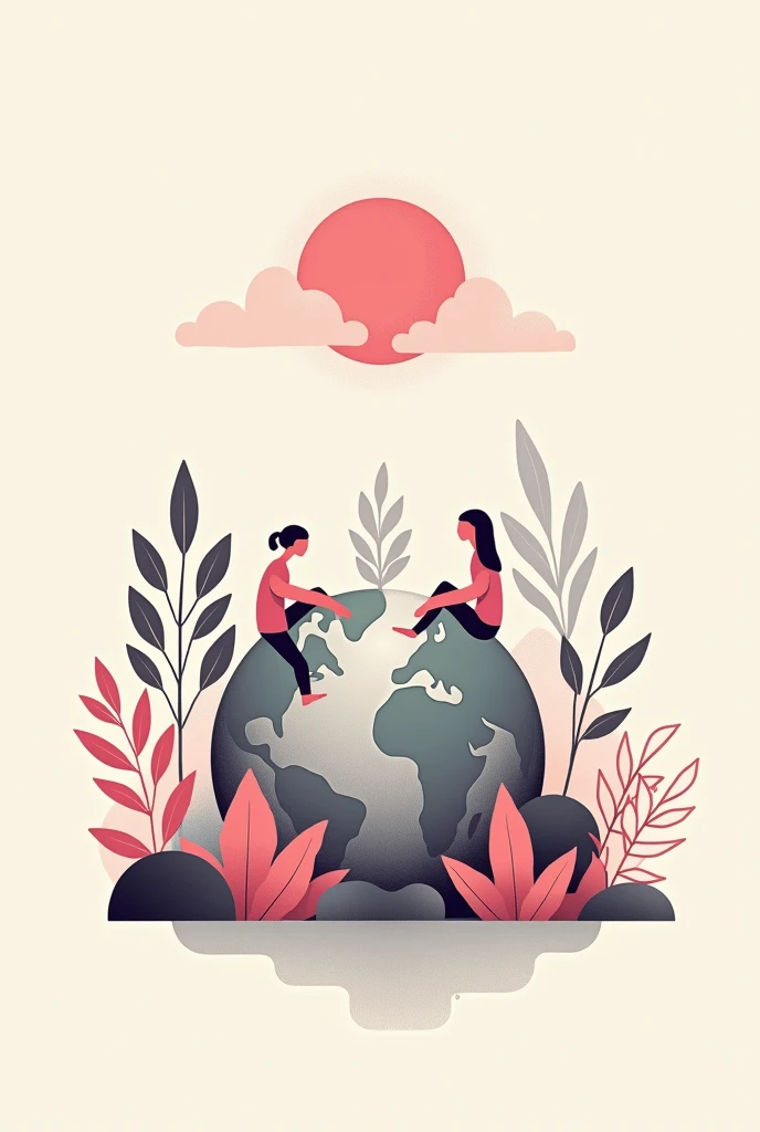 Retro Style,flat design,Minimalist style,Non-realistic style,Environmental Theme,environmental protection,Some people,plant,Earth,White background,The overall tone is magenta,grey