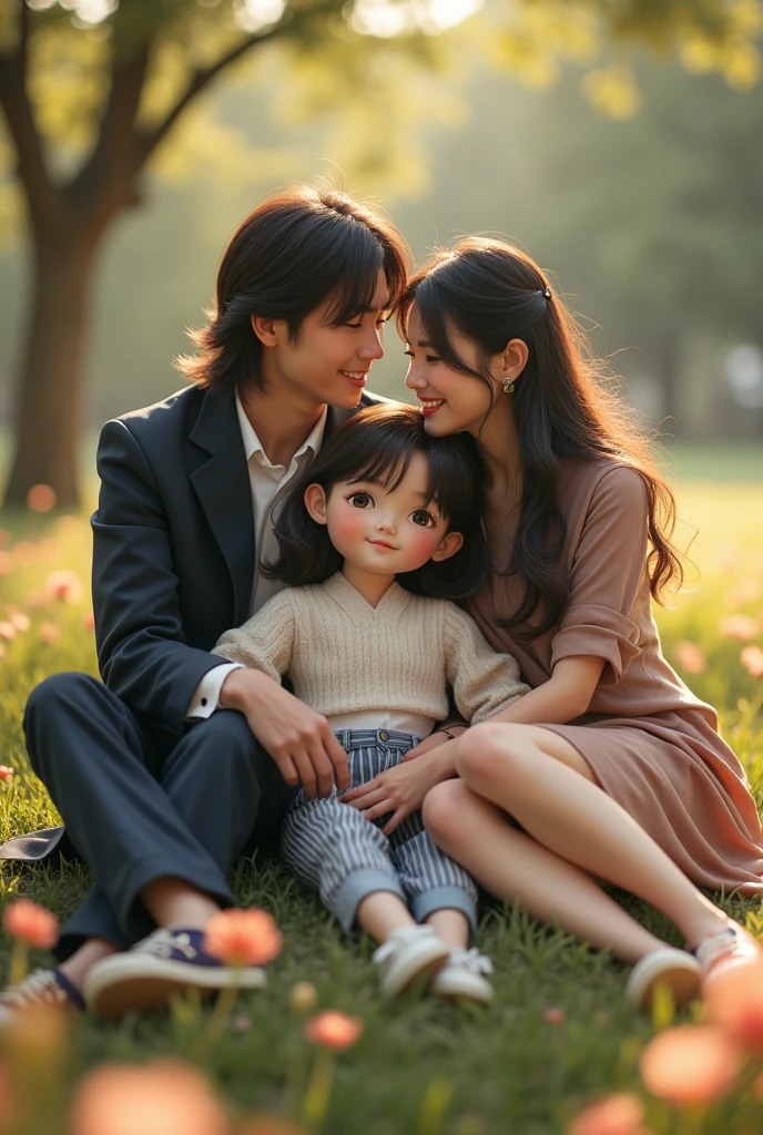 full body) Asian male couple with medium length mauve mullet haircut wearing a suit jacket and Asian female with long hair style, wearing striped pants,short jeans,pashmina,sneakers) they are sitting hugging smiling,A face looking forward, focusing on a large doll in a park with flowers, capturing romanticism with soft and romantic light reflections, looking natural and authentic.. 35k resolution full HD., photo