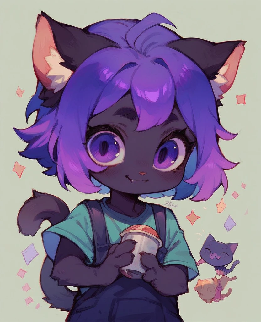 little cat, ??? girl cat, cub, fully black fur, purple hair, purple eyes