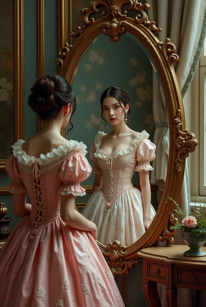 Victorian women in voluminous dresses looking at a mirror