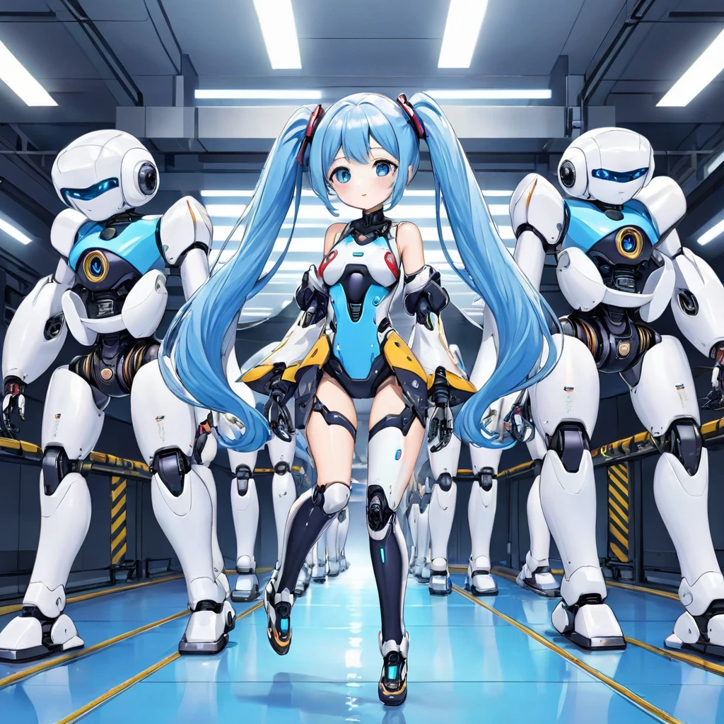 Light blue long hair、beautiful girl with twin tails、There are many small robots lined up.、Robot Manufacturing Institute、The robots all start running.、Splash Art