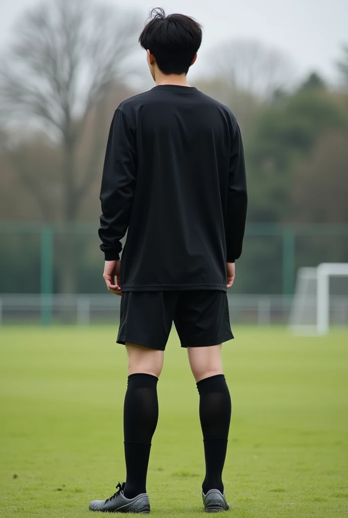 Korean male soccer players, Black Long Sleeve T-Shirt, Black Soccer , Sneakers, And black socks up to the knees.Penis exposure,