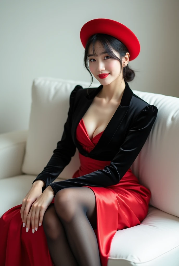 A woman wearing a red hat is sitting on a white sofa。, Black Stockings, Cute and elegant pose, Asian women in Arafe, Shirahime cut hairstyle, Neat hair with bangs, Kurohime cut hair, Cute - Beautiful face, Ulzzang, Beautiful Japanese Face, Cute - Beautiful - Face, Center-parted bangs, Brown hair and bangs, Brown hair with bangs, Korean, Graceful smile pose, korean female fashion model, Velvet Stockings, tights, Black and red silk clothing, かわいいKorean女優, In a dress, Dressed in red velvet