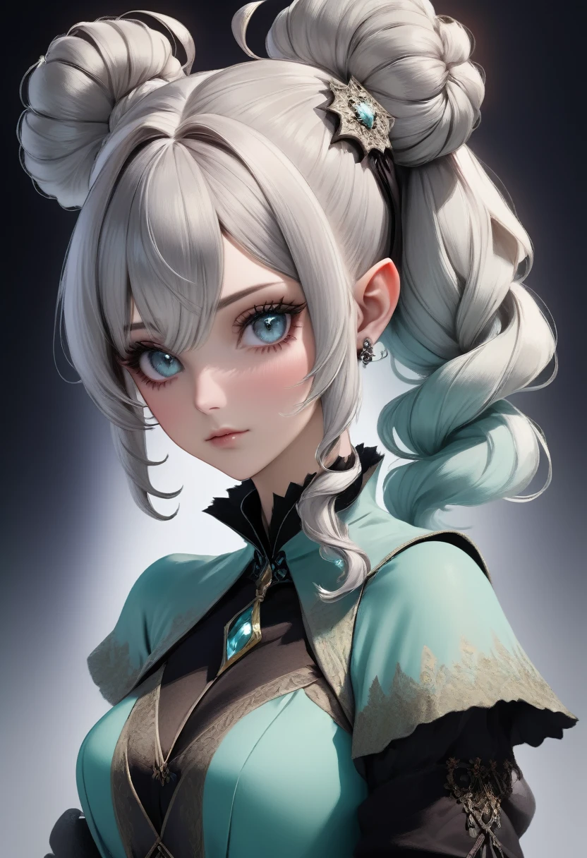 (masterpiece), (best quality half body), ultra realism, 1female, cold color scheme, looking at viewer, (silver_color_with_streaks_tied_bun_hairstyle, beautiful bangs, curls, forehead, hairclip), wearing  Nordic fur, fur boots, Dracula teeth, elf ears, intricate detailed aqua eyes , pointy face, small eyes, soft smile, perfect anatomy, dynamic pose, intricate details,