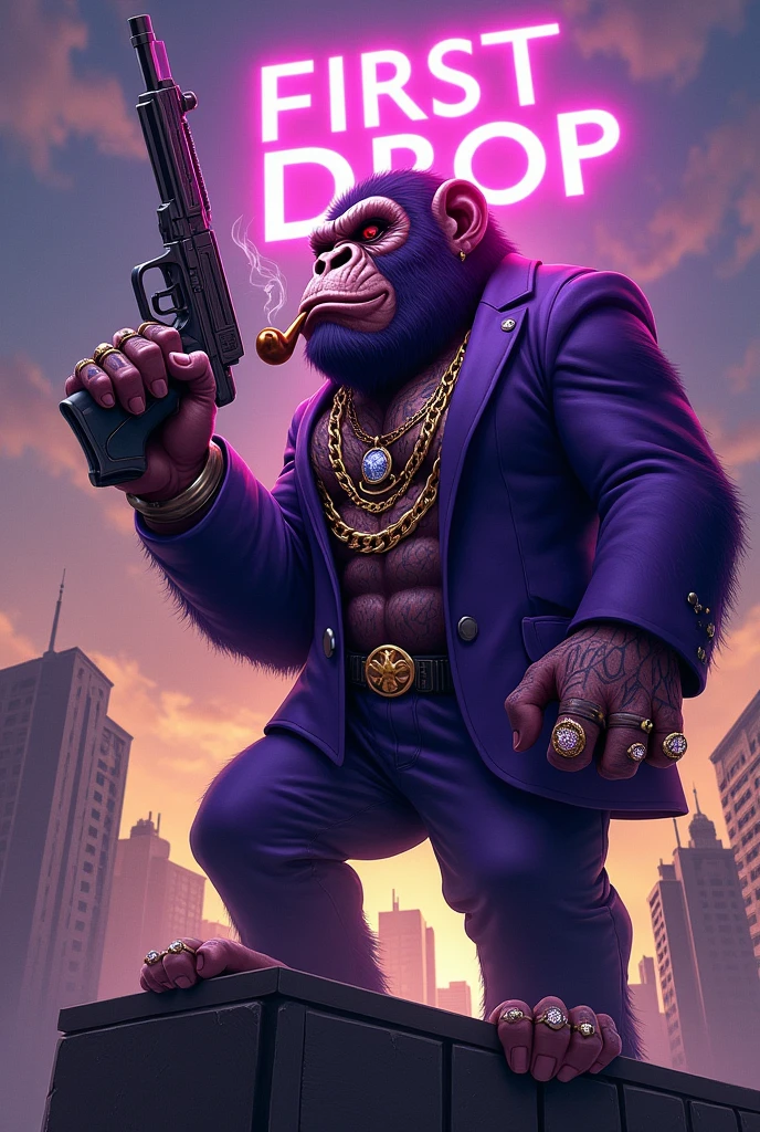 1 purple ape, on the roof of a building, With giant and high-caliber weapons, with gangster SUIT with chains, tattooed, with huge diamond and gold rings, smoking with a pipe, with the words in the sky that say "first drop"