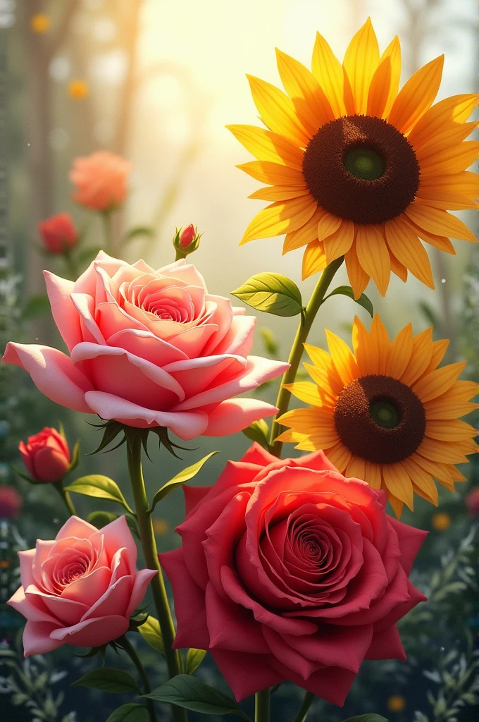 Create an art piece of roses and sunflowers