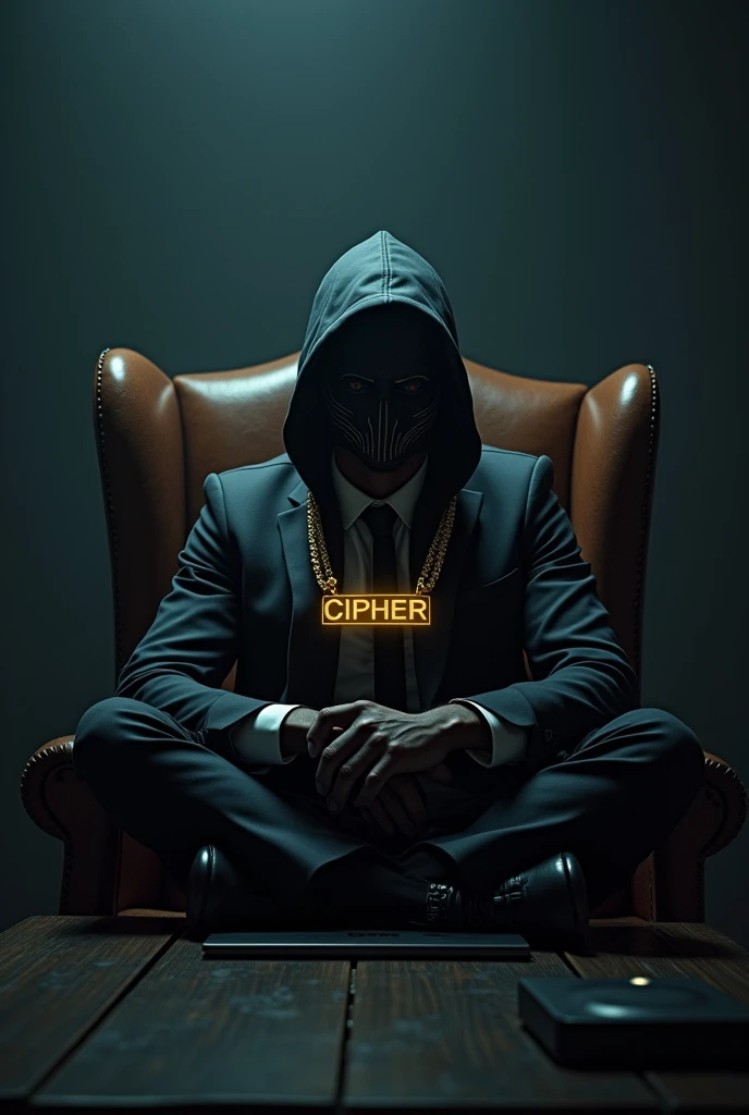 Generate a photo of a guy wearing a hacker mask and a suit sitting in an armchair in a dark studio with a gold chain written Cipher in the middle of the chain and his palms on the table with his hands crossed