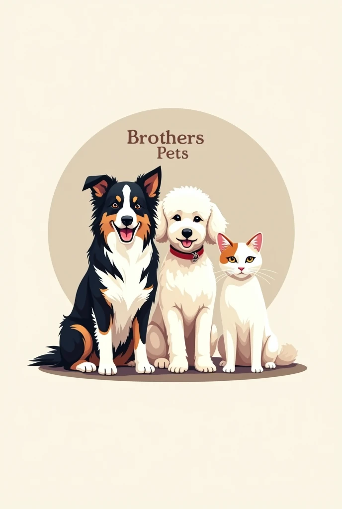 Create a logo for me featuring a black and white border collie, a white poodle, and a cat with a white body and a light brown patch on its head and ears, all side by side. The logo should include the name 'Brothers Pets'.