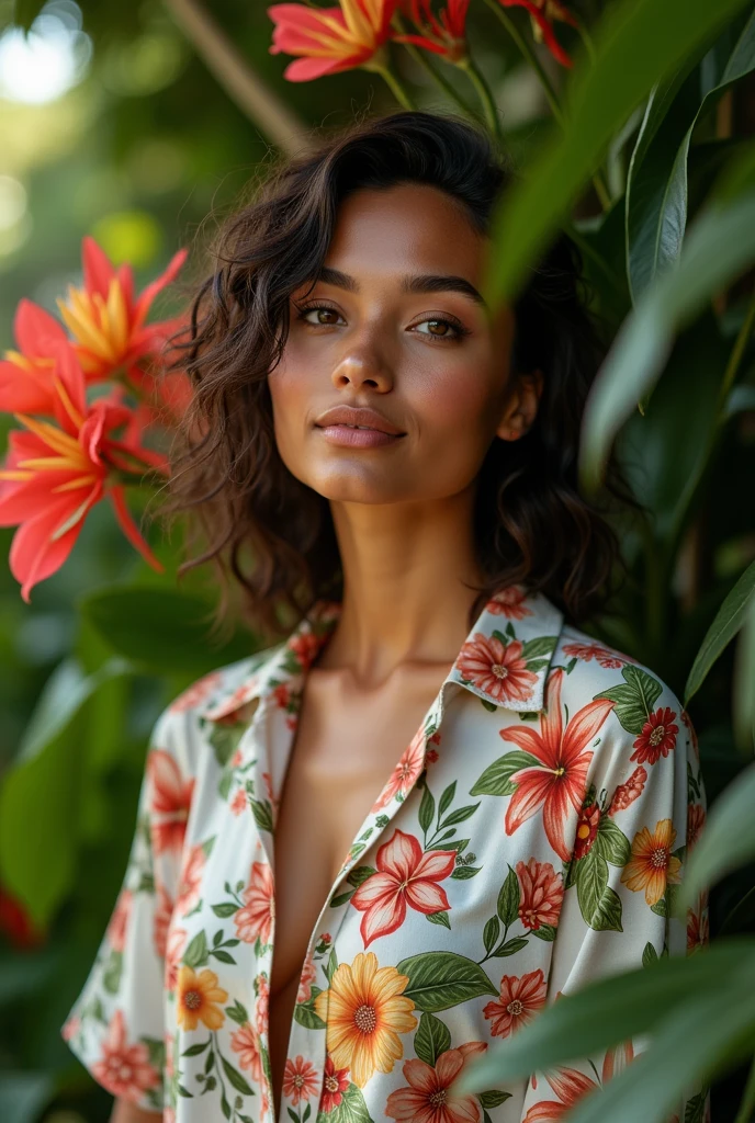 A Brazilian woman in a lush tropical garden, wearing an open shirt with a floral print, with a close-up capturing the harmonious beauty between her breasts and the natural flowers, showing off your natural charm and outgoing personality.