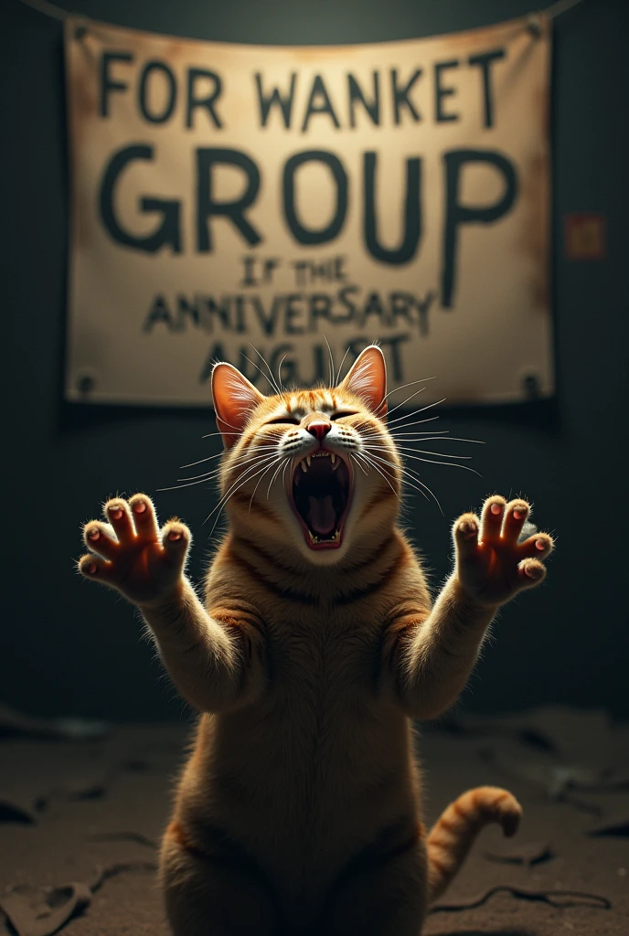Cat yelling with open hands and in the background written Covert Group is celebrating its anniversary on August 20th