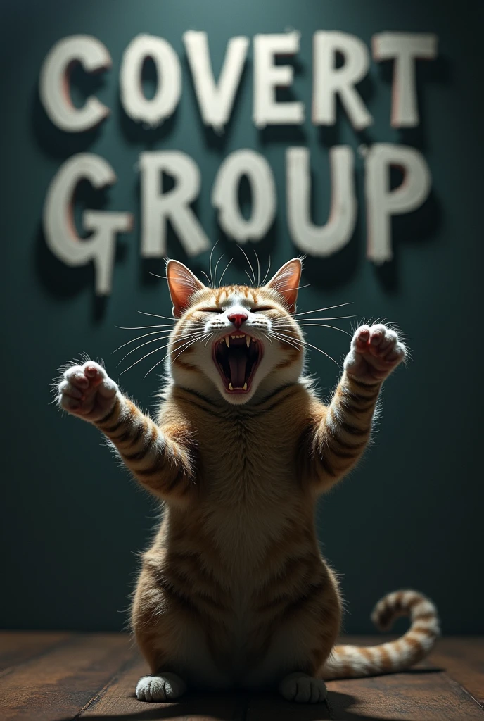 Cat yelling with open hands and in the background written Covert Group is celebrating its anniversary on August 20th