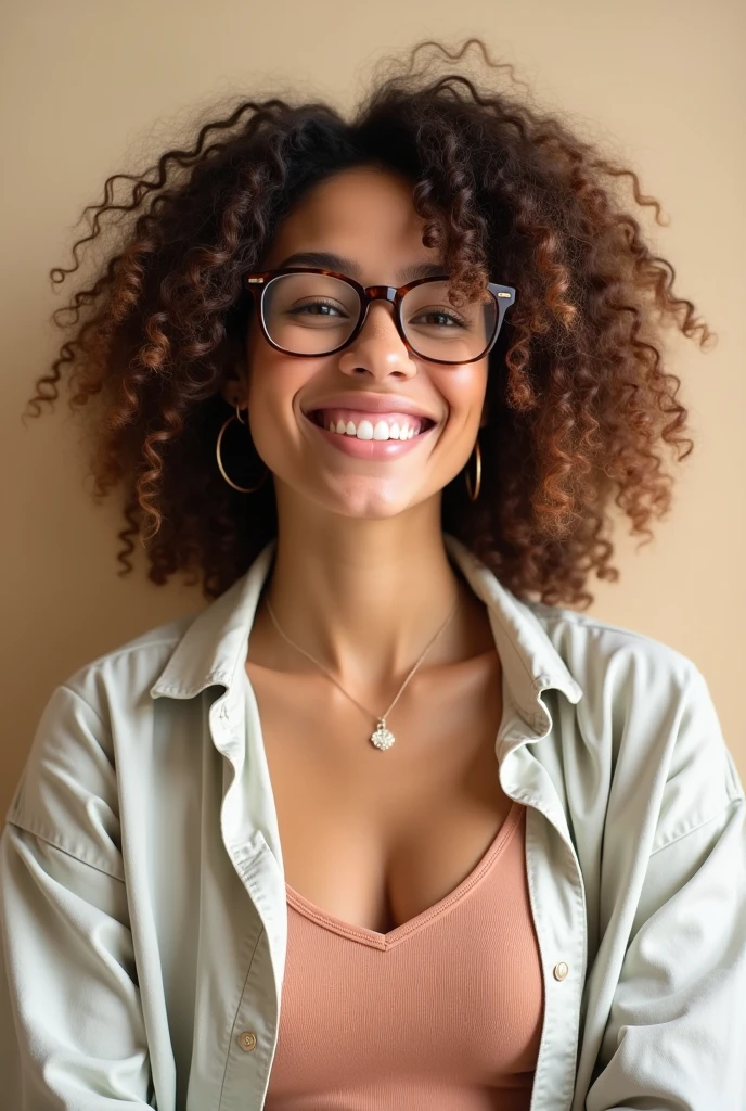 Happy curly woman with glasses being an adult