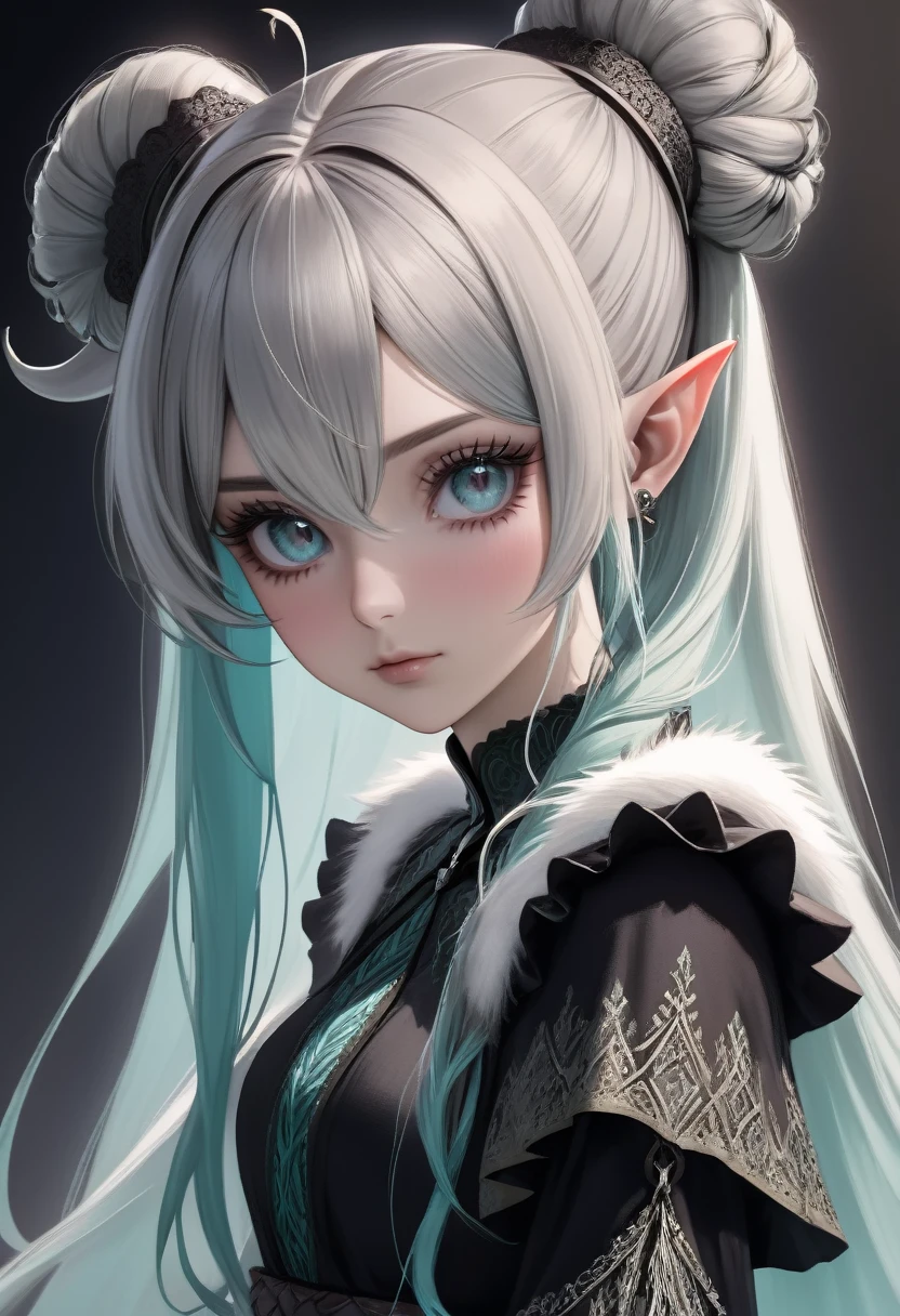 (masterpiece), (best quality half body), ultra realism, 1female, cold color scheme, looking at viewer, (silver_color_with_streaks_tied_bun_hairstyle, beautiful bangs, curls, forehead, hairclip), wearing Nordic fur, fur boots, Dracula teeth, elf ears, intricate detailed aqua eyes , pointy face, small eyes, soft smile, perfect anatomy, dynamic pose, intricate details,