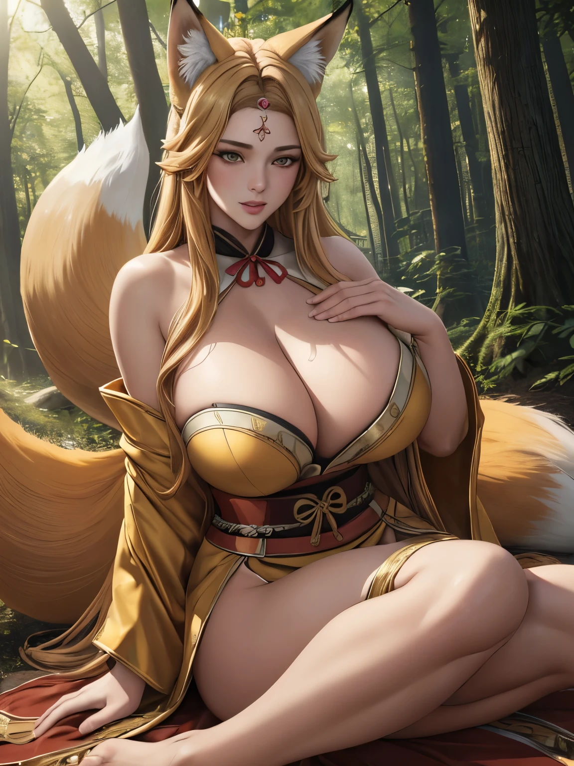 ((best quality)), ((masterpiece)), (detailed), perfect anatomy, highly detailed genitalia, highly detailed feet, highly detailed toe and toenails, highly detailed hands, highly detailed fingers and fingernails, highly detailed human ears, highly detailed face, highly detailed eyes, highly detailed nose, highly detailed mouth, highly detailed hair, highly detailed skin, highly detailed tongue, fantasy world, 2girls, (((a lesbian golden nine tail fox woman with enormous bursting breasts and a young lesbian golden nine tail fox girl))), (((deep cleavage))), (((shinto temple hidden in a woods))), detailed face, detailed eyes, detailed lips, beautiful detailed eyes, beautiful detailed lips, extremely detailed eyes and face, longeyelashes, beautiful delicate feminine face, tender feminine facial features, soft glowing skin, flowing hair, natural light,cinematic lighting,muted colors,dramatic composition,photorealistic,hyper detailed,masterpiece,(best quality,4k,8k,highres,masterpiece:1.2),ultra-detailed,(realistic,photorealistic,photo-realistic:1.37)