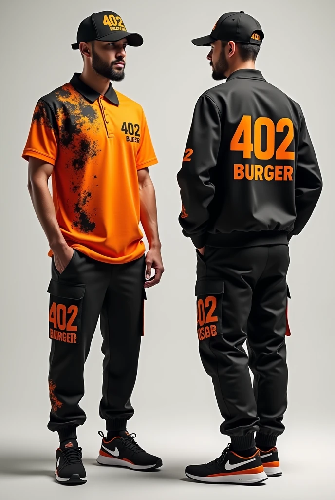 Design a complete uniform for a burger restaurant with the 402burger logo in black and orange with a polo-style t-shirt and jogger pants that are creative, urban and disruptive with creative designs and flames on the sweatshirt and t-shirt and a cap