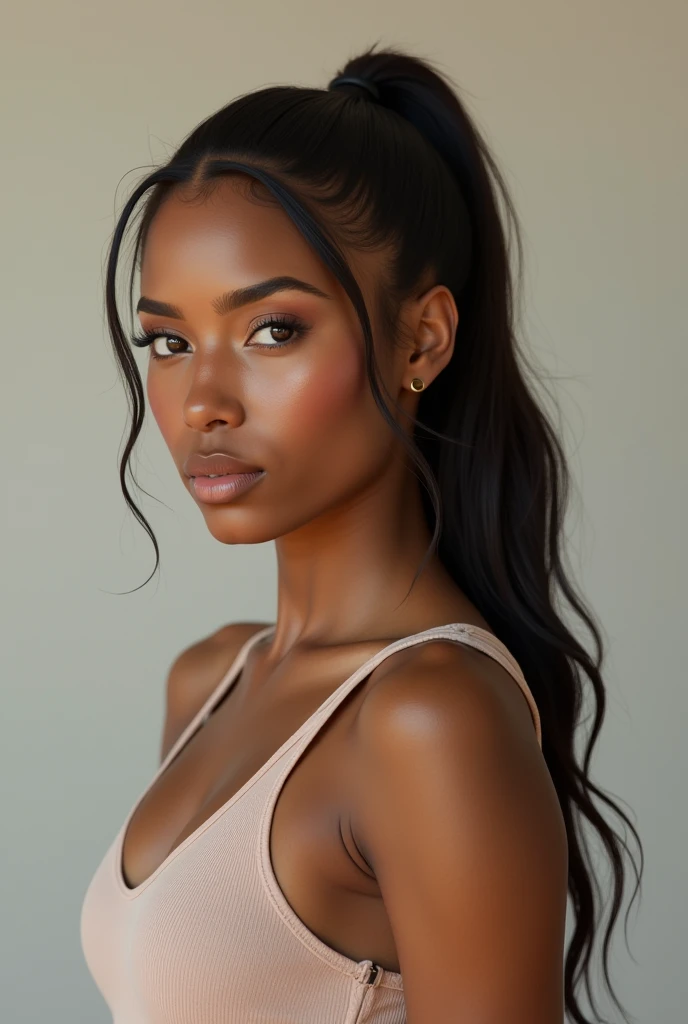 Very realistic woman with brown skin and ponytail hair, full body image, repetition of the same woman, full body