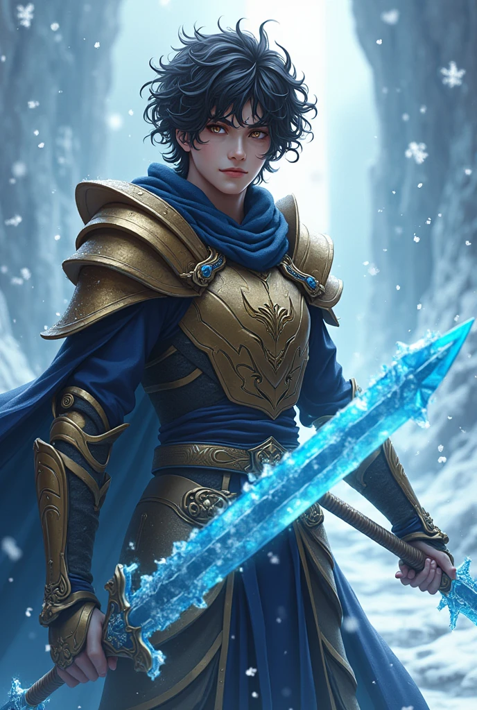 Photo realistic Anime Guy, curly hair, slightly brown skin, ice king light blue theme. Dark brown eyes, God of war Around Ice Swords and Spears ,  gold royal armor with  black snow blue details . evil face, Demonic black aura 