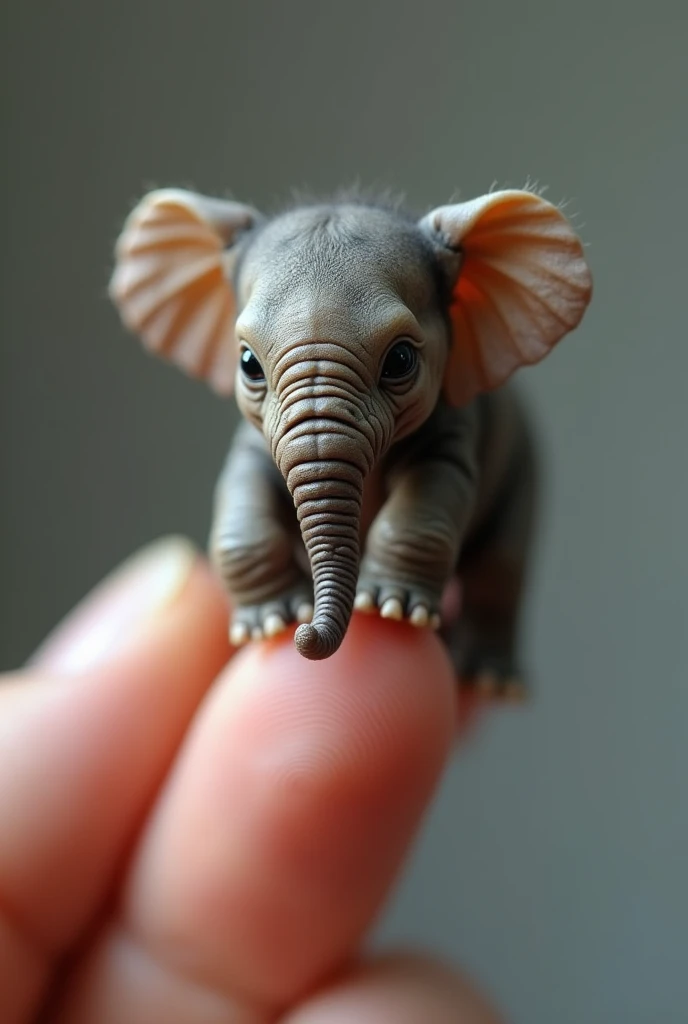 Photorealistic, 8k, Micro Tiny baby [elefante] perched on a human finger