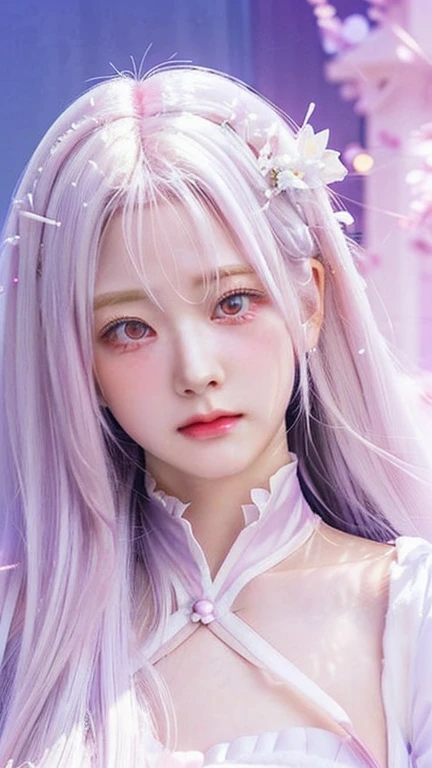 Anime girl with pink eyes and long hair holding a pink heart, visual anime of a cute girl, beautiful anime face, cute anime face, extremely cute anime girl face, Girl with white hair, cute anime face, White haired deity, ethereal anime, Perfect white hair girl, violet evergarden, closeup of a young anime girl, with huge luminous and sad eyes