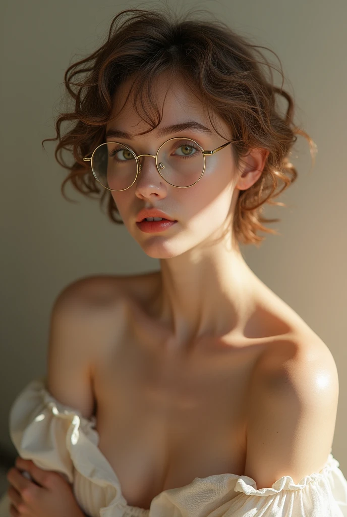 white girl with short curly hair, light brown, with round glasses naked