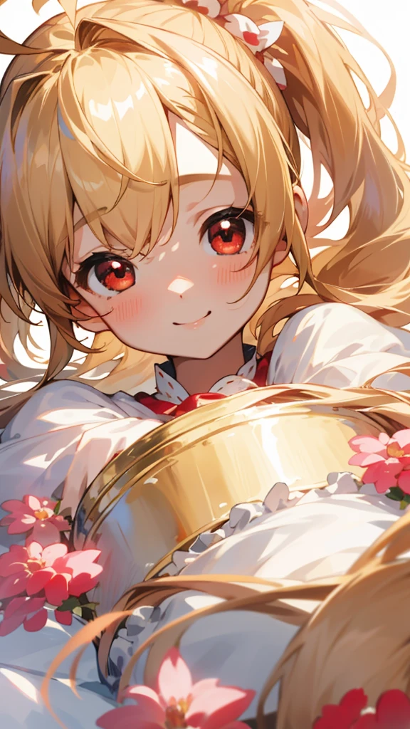 (Highest quality,masterpiece,Surreal),A beautiful and delicate portrait of a young girl.,Playful and cute,Background with fluttering petals,Blonde ponytail、Ahoge、Beautiful red eyes、smile、