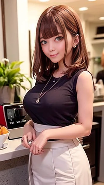 (Long summer skirt:1.3)、Sleeveless shirt、1 person、Bob Hair、Medium breast、smile、whole body、The navel is visible、masterpiece:1.3、Raw photo quality、Highest quality、Detailed Images、Detailed Background、Inside the cafe、Standing in front of the counter、