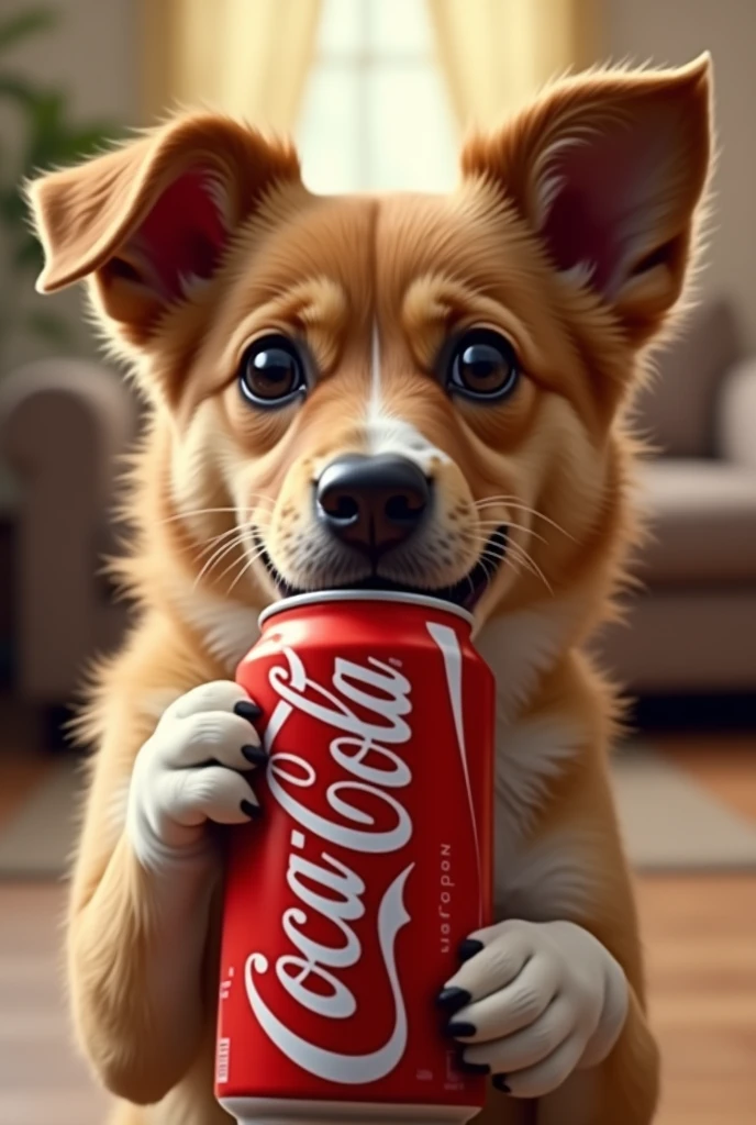 A dog drinking Coca-Cola 
