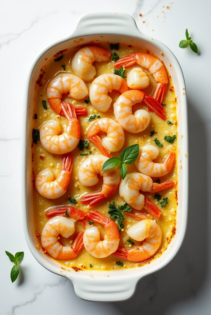 Overhead photo of a seafood casserole.