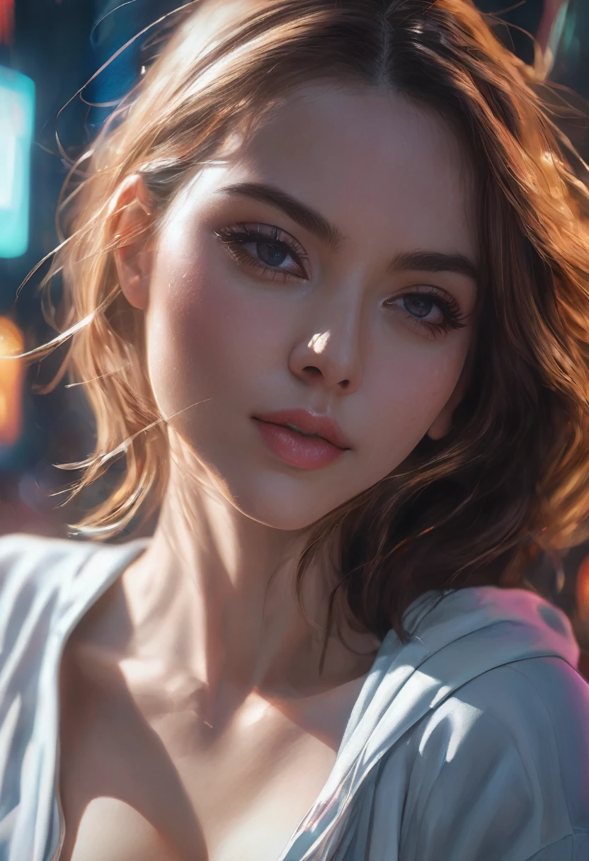 A close-up of a woman with a very large breast, 🤤 Portrait of woman, beautiful detailed body and face, beautiful digital artwork, guweiz style artwork, 4k realistic digital art, 4k realistic digital art, awesome anime face portrait, Beautiful soft lighting, beautiful digital illustration, extremely beautiful face, beautiful realistic face, beautiful delicate face