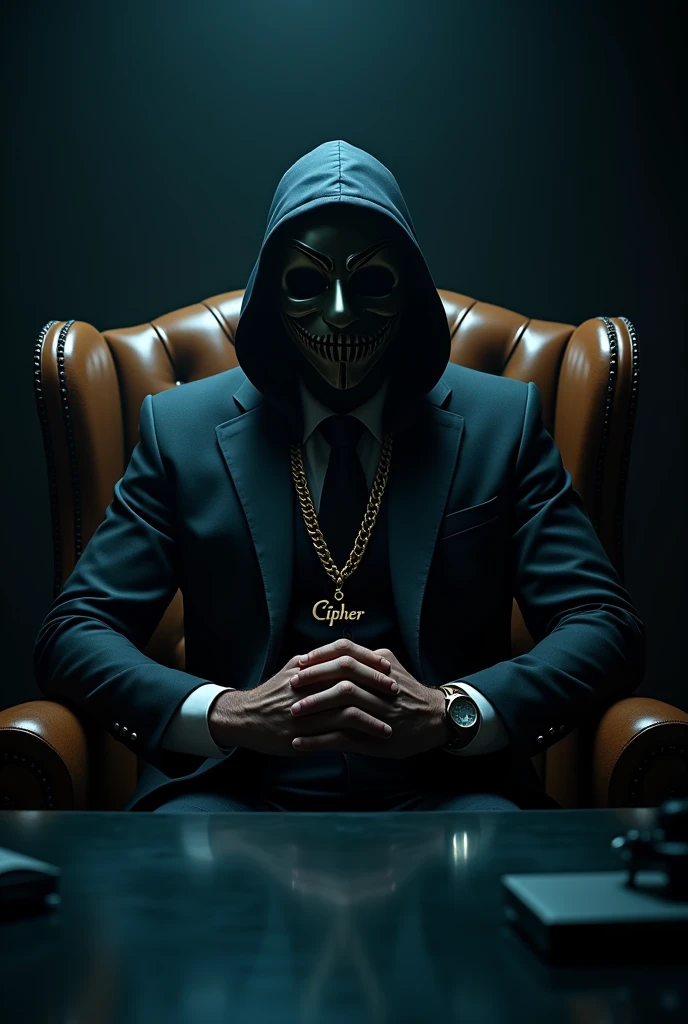 Generate a photo of a guy wearing a hacker mask and a suit sitting in an armchair in a dark studio with a gold chain written Cipher in the middle of the chain and his palms on the table with his hands crossed 