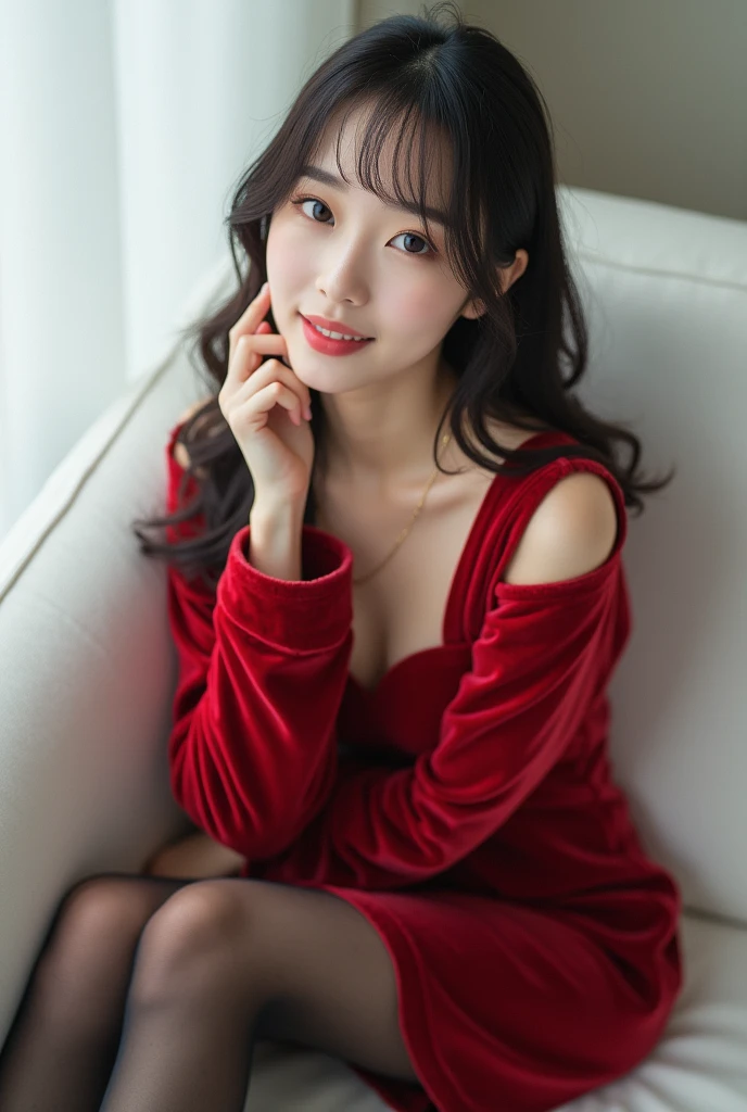 A woman wearing a red hat is sitting on a white sofa。, Black Stockings, Cute and elegant pose, Asian women in Arafe, Shirahime cut hairstyle, Neat hair with bangs, Kurohime cut hair, Cute - Beautiful face, Ulzzang, Beautiful Japanese Face, Cute - Beautiful - Face, Center-parted bangs, Brown hair and bangs, Brown hair with bangs, Korean, Graceful smile pose, korean female fashion model, Velvet Stockings, tights, Black and red silk clothing, かわいいKorean女優, In a dress, Dressed in red velvet