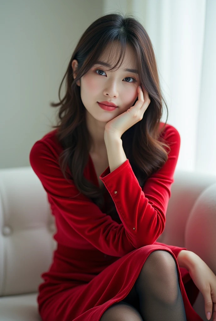 A woman wearing a red hat is sitting on a white sofa。, Black Stockings, Cute and elegant pose, Asian women in Arafe, Shirahime cut hairstyle, Neat hair with bangs, Kurohime cut hair, Cute - Beautiful face, Ulzzang, Beautiful Japanese Face, Cute - Beautiful - Face, Center-parted bangs, Brown hair and bangs, Brown hair with bangs, Korean, Graceful smile pose, korean female fashion model, Velvet Stockings, tights, Black and red silk clothing, かわいいKorean女優, In a dress, Dressed in red velvet