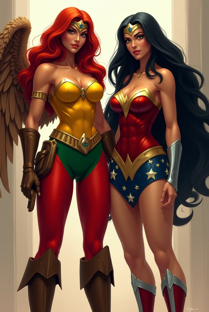 The Thanagarian warrior Chay-Ara, alias Hawkgirl, original costume of the Hawk Girl yellow corset with red and green leggings, large red boots, brown wings, long red hair, next to the Amazonian warrior Wonder Woman, long black hair, Diadema Wonder Woman on her forehead, Justice League DC Comics