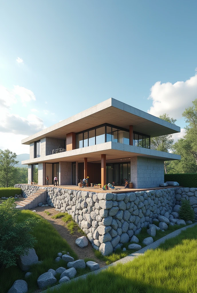 Construction of a modern house and small linear design. The foundations and the construction process should be visible. They should be realistic, place a range of gray and white colors, also grass and a blue sky, remember that the house is under construction and the foundation should be visible, beams and some bricks.
Catchy and place people working on construction