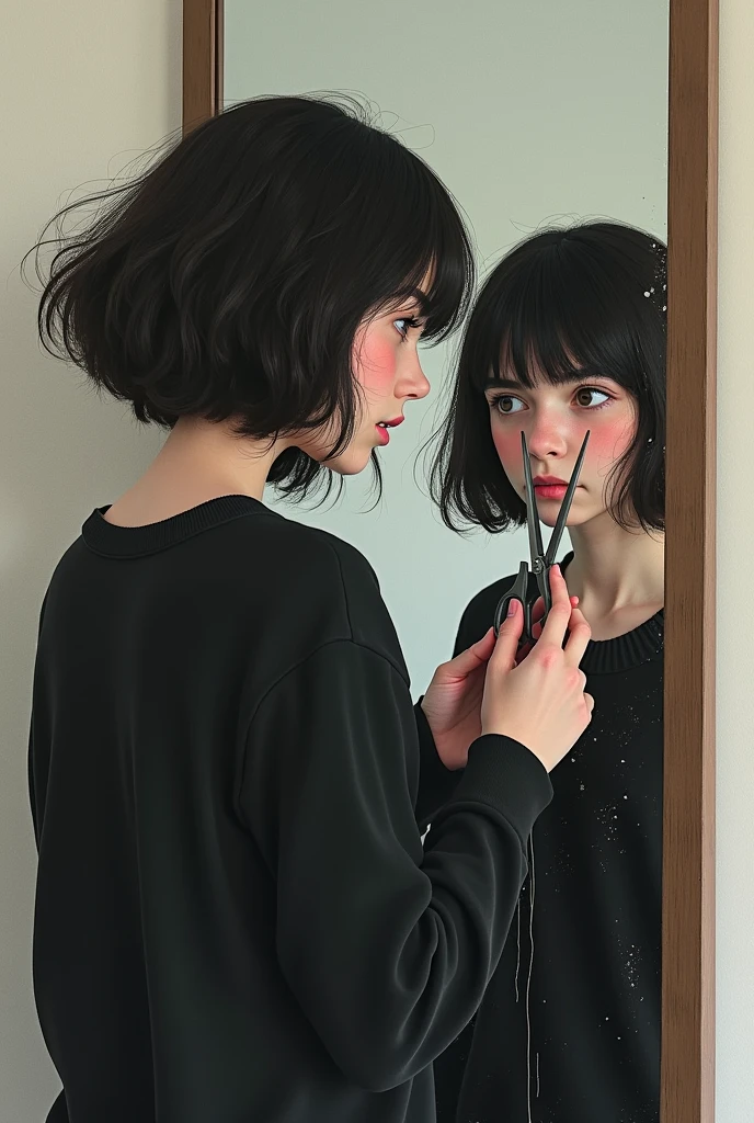 A girl with a black sweater and a sad expression looking at herself in the mirror, cutting her hair. Unrealistic drawing. 